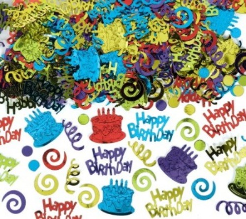 Colorful "Happy Birthday" confetti embellishments for festive decorating, perfect for parties, invitations, and scrapbooking.