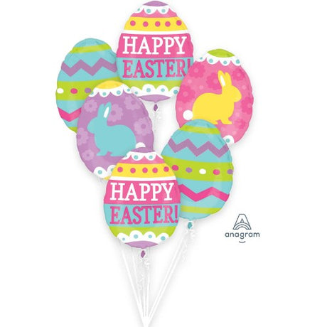 Colorful bouquet of 5 foil Easter egg balloons, perfect for festive decorations and memorable egg hunts.