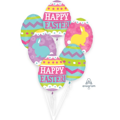 Colorful bouquet of 5 foil Easter egg balloons, perfect for festive decorations and memorable egg hunts.