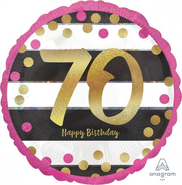 Colorful pink and gold self-sealing foil balloon for celebrating a 70th milestone, featuring a holographic sheen.