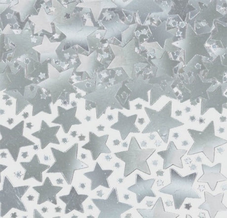 Shimmering silver star confetti in a 70-gram bag, perfect for enhancing celebrations and decorating events.