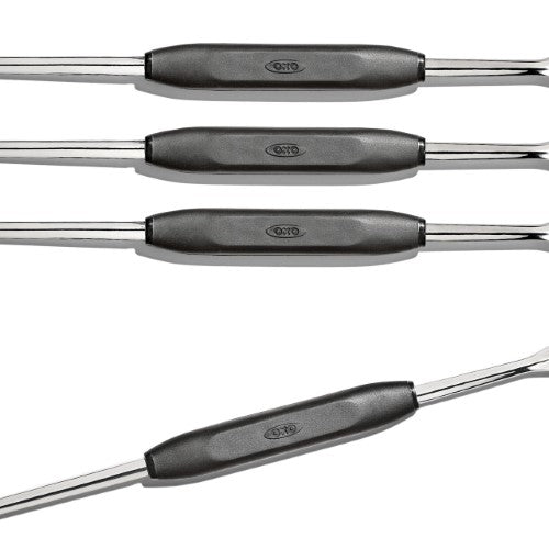 Set of 4 OXO Good Grips Seafood Picks with curved spoon head and fork tines for easy meat extraction from shellfish.