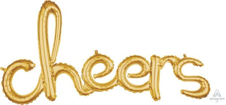 Gold foil 'Cheers' balloon, perfect for festive celebrations, adding elegance and joy to any party decor.