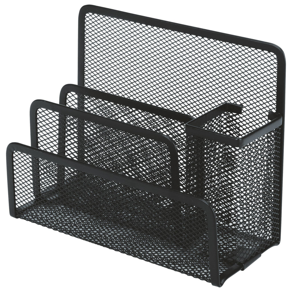 Black steel mesh desk organiser with compartments for stationery and documents, enhancing workspace efficiency and elegance.