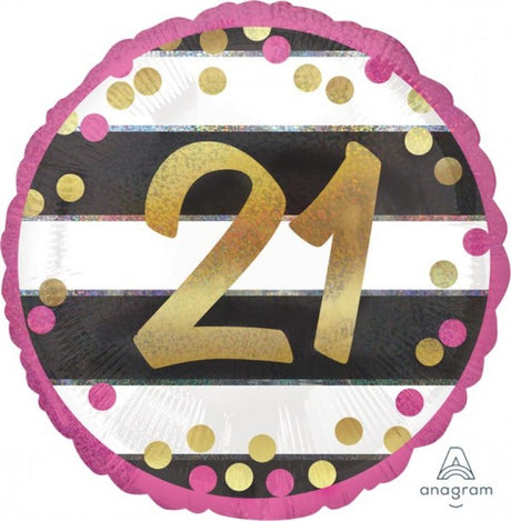 Pink and gold self-sealing foil balloon, 45cm, perfect for celebrating a 21st milestone with elegant decor.