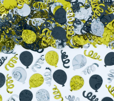 Party Balloons Confetti featuring elegant black, silver, and gold pieces perfect for vibrant celebrations and stylish decor.