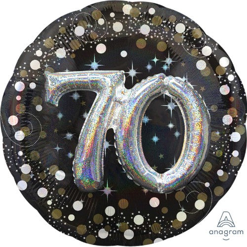 Holographic balloons for a 70th birthday, reflecting light with vibrant colors, perfect for festive celebrations.