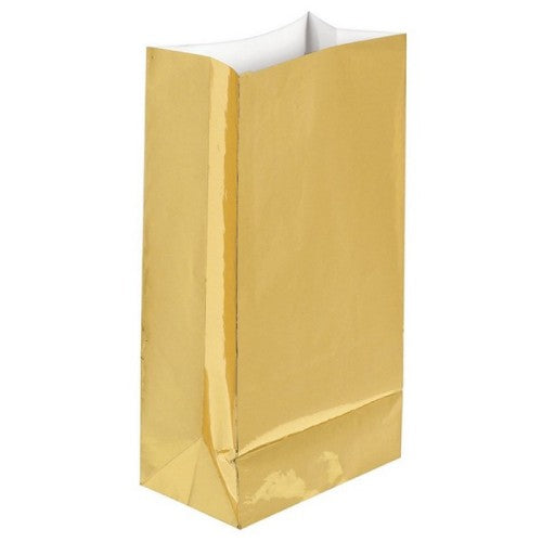 Elegant gold foil large paper bags (10" x 5") in a pack of 12, perfect for gifts and special occasions.