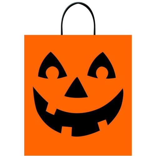 Bright orange plastic loot bags featuring playful jack-o'-lantern designs, perfect for Halloween treats and celebrations.