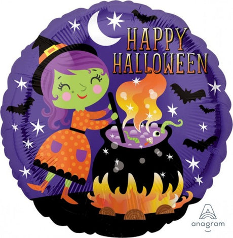 Foil balloon featuring a witch and cauldron design, perfect for Halloween parties, self-sealing and 45cm in size.