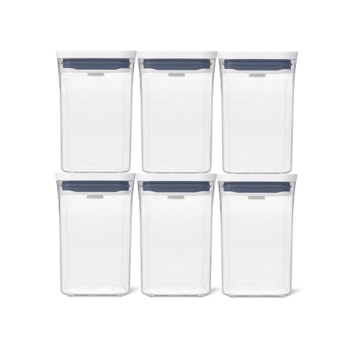 Six-piece OXO Good Grips POP 2.0 storage set for organizing dry foods with airtight seals and stackable, dishwasher-safe containers.