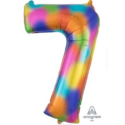 Vibrant 86cm Rainbow Splash Numeral 7 supershape foil balloon, perfect for festive celebrations and eye-catching decorations.