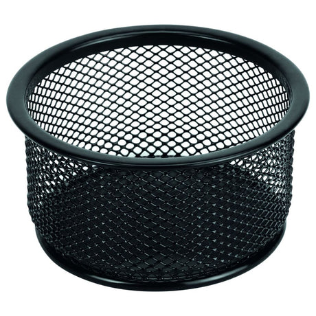 Elegant black steel mesh paper clip holder, perfect for organizing desk space with a modern touch.