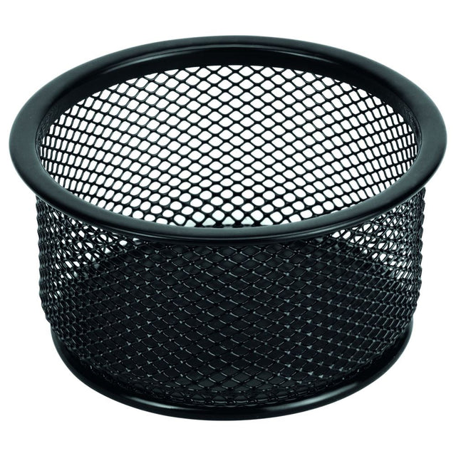 Elegant black steel mesh paper clip holder, perfect for organizing desk space with a modern touch.