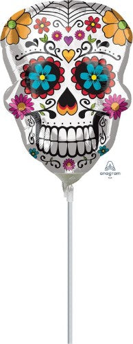 Mini Shape Sugar Skull Foil Balloon with vibrant colors, perfect for Day of the Dead and Halloween celebrations.