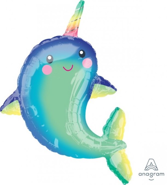 Colorful supershape Happy Narwhal foil balloon, 73cm x 99cm, perfect for ocean-themed celebrations and parties.