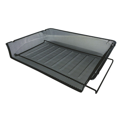 Esselte Mesh Document Tray in black, stylish A4 landscape design, made of durable steel mesh for organized document storage.