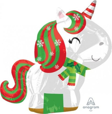 Vibrant 43cm x 53cm unicorn foil balloon, perfect for festive celebrations and Christmas parties, adds magical charm.