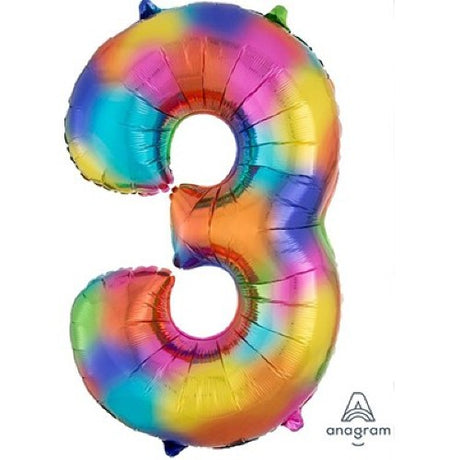 Vibrant 86cm rainbow numeral 3 foil balloon, perfect for festive celebrations and adding colorful charm to any event.