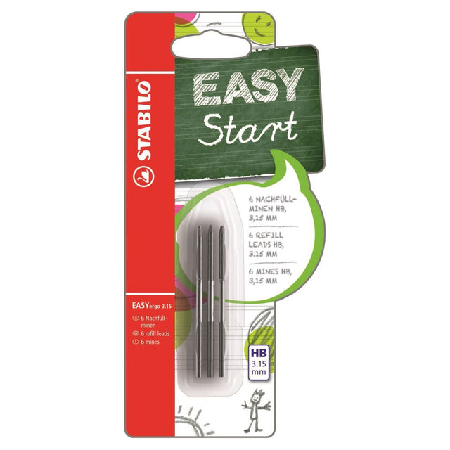 Stabilo Easy Start HB Leads CD6 for young writers, featuring ergonomic design, retractable mechanism, and refillable HB leads.