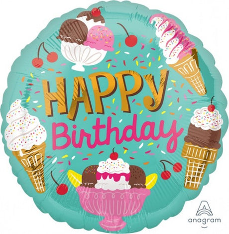 Vibrant 45cm self-sealing foil balloon featuring an ice cream theme for happy birthday celebrations. Perfect for parties!