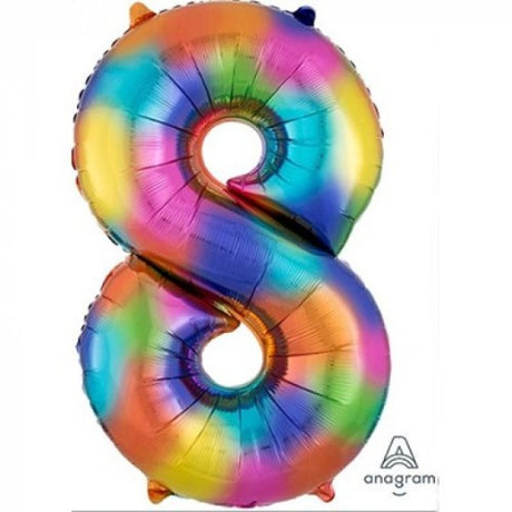 Vibrant 86cm Rainbow Splash Numeral 8 foil balloon, perfect for celebrations and photo ops, self-sealing for easy setup.