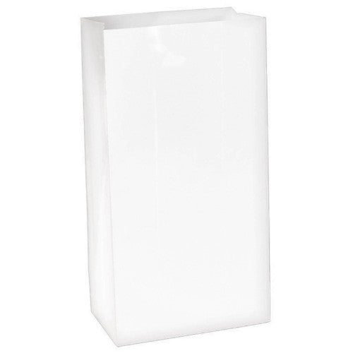 Large white paper bags in a pack of 12, eco-friendly, sturdy handles, perfect for gifts and retail packaging.