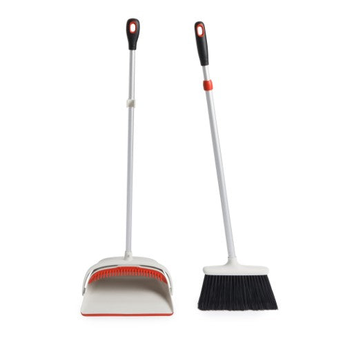 Extendable broom and dustpan set with flagged bristles and flexible lip for efficient dust and dirt collection.