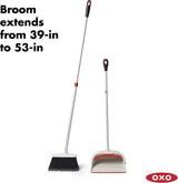 Extendable broom and large dustpan set, designed for effective sweeping and easy dirt collection, featuring non-slip grips.