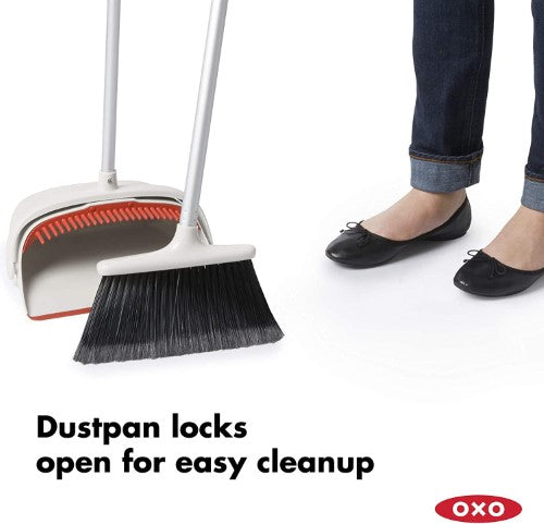 Extendable broom and extra-large dustpan set for efficient cleaning, featuring flagged bristles and a flexible dustpan lip.