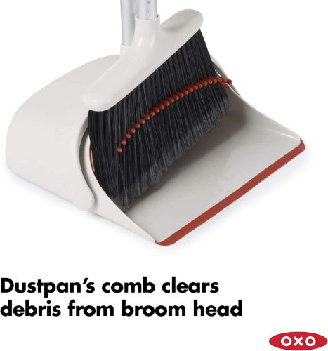 Extendable broom and extra-large dustpan set, designed for efficient sweeping with flagged bristles and locking open dustpan.