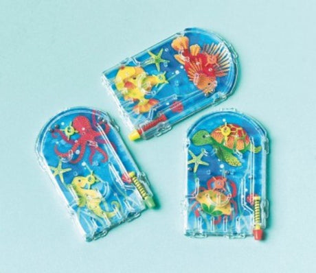 Colorful pack of 12 underwater-themed pin balls for fun party favors and cooperative play at events.