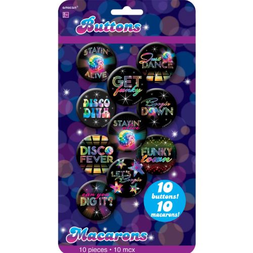 Colorful 4cm disco fever button badges, pack of 10, perfect for parties and retro style accessories.