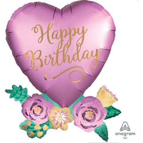 Happy  Birthday Balloon Satin Heart With Flowers - Supershape