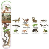 CollectA Tube of Mini Reptiles and Amphibians featuring 12 hand-painted figures like a Crocodile and Chameleon in clear packaging.