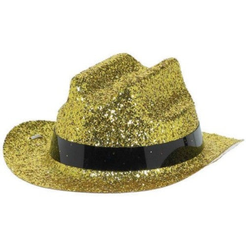 Mini gold cowboy hat with glitter, perfect festive accessory for parties and celebrations, measuring 2" x 4 3/4".