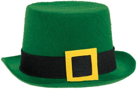 Vibrant green felt top hat for St. Patrick's Day, featuring a classic tall crown and wide brim for festive celebrations.