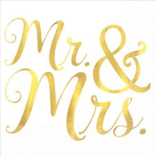 Elegant Mr & Mrs beverage napkins with foil hot-stamped designs, perfect for weddings and special occasions, pack of 16.