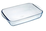 Rectangular O Cuisine roaster (40x27cm) in borosilicate glass, 4.5L capacity, oven safe to 300°C, with easy-hold handles.