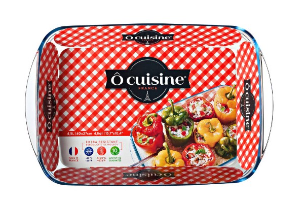 Rectangular roaster (40x27cm) in durable borosilicate glass with 4.5L capacity, ideal for roasting and baking with easy handles.