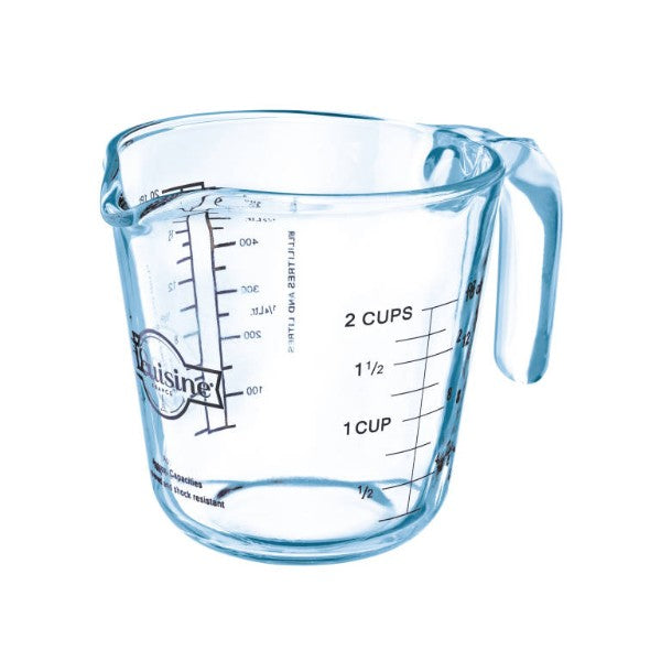 O Cuisine 0.5l measuring jug in durable borosilicate glass, oven and freezer safe, with ergonomic handles for easy use.
