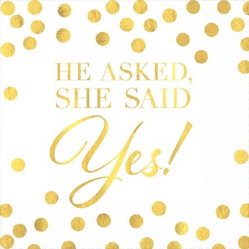 Elegant foil hot-stamped "He Asked" beverage napkins, 25cm x 25cm, perfect for weddings and special celebrations. Pack of 16.