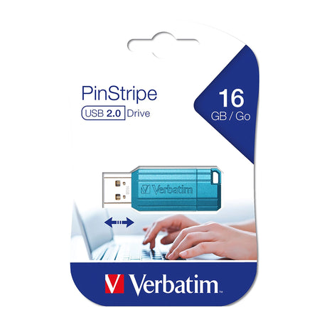 Vibrant blue Verbatim 16GB Pinstripe USB drive with a slim retractable design for portable data storage and easy file sharing.