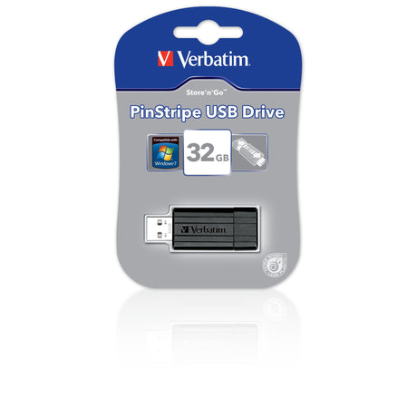 Stylish VERBATIM 128GB USB flash drive with pinstripe design, durable sliding feature, and impressive transfer speeds.