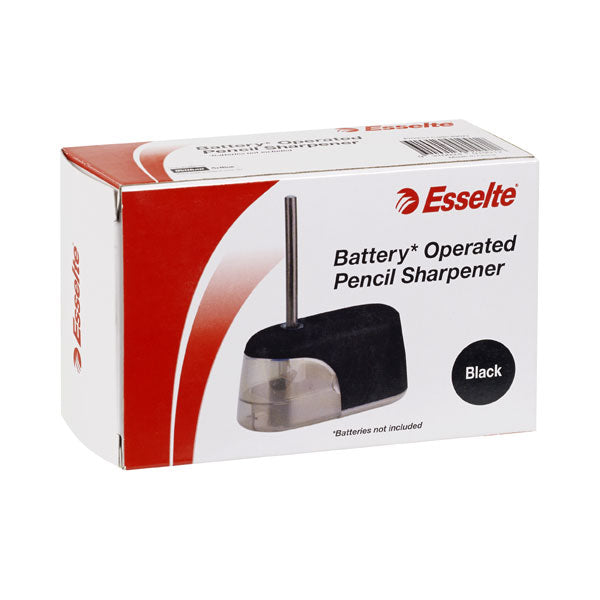 Portable black battery-operated pencil sharpener with stainless steel blade, auto-stop safety switch, and non-skid feet.