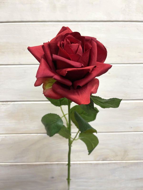 Vibrant red artificial single rose with bud, perfect for home decor, weddings, and maintenance-free arrangements.