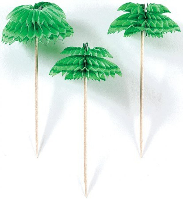 Palmtree honeycomb and wooden picks, 4 inches, pack of 12, perfect for tropical-themed parties and appetizers.