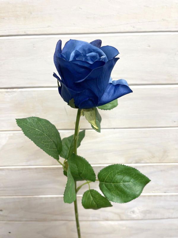 Lifelike single blue Alice Rose bud stem, perfect for elegant home decor, maintenance-free and versatile for any space.