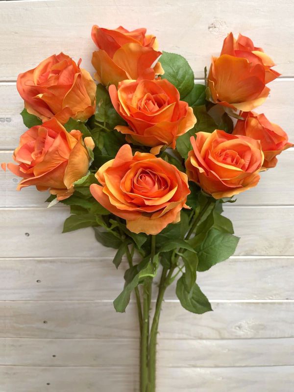 Vibrant orange artificial Alice rose bud stem, perfect for decorative arrangements without maintenance hassle.