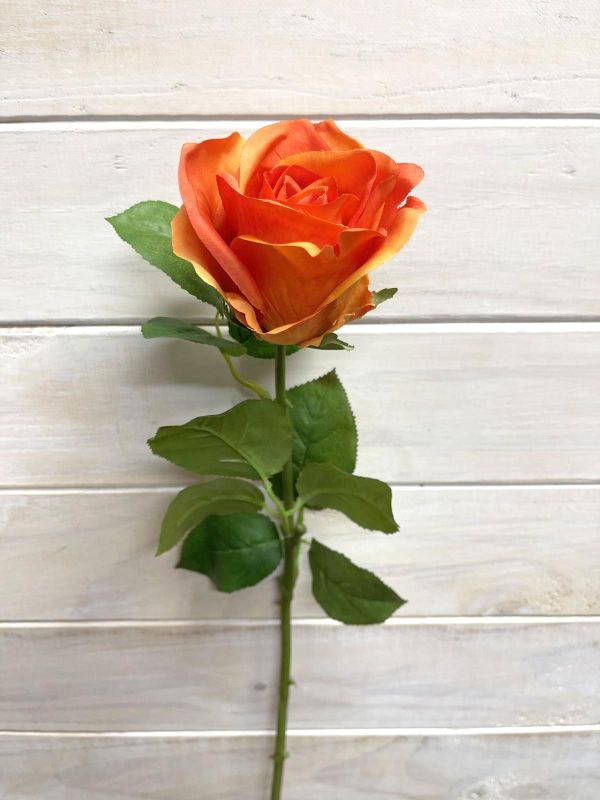 Vibrant orange artificial Alice rose bud stem, perfect for low maintenance decor and adding color to any space.